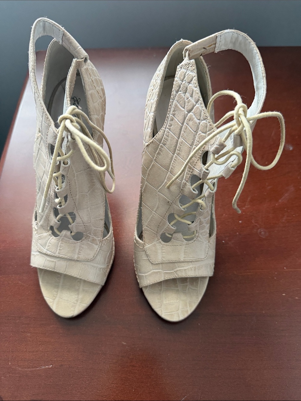 Women's Lace-Up Peep Toe Heels in Beige